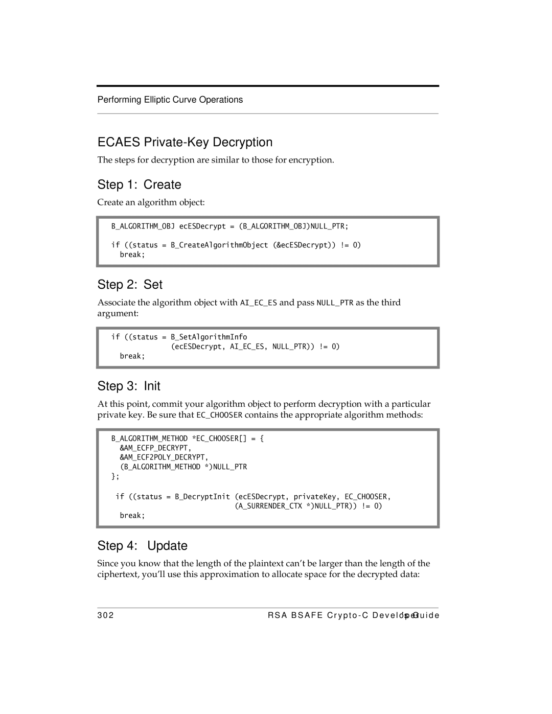 RSA Security 5.2.2 manual Ecaes Private-Key Decryption, Steps for decryption are similar to those for encryption 