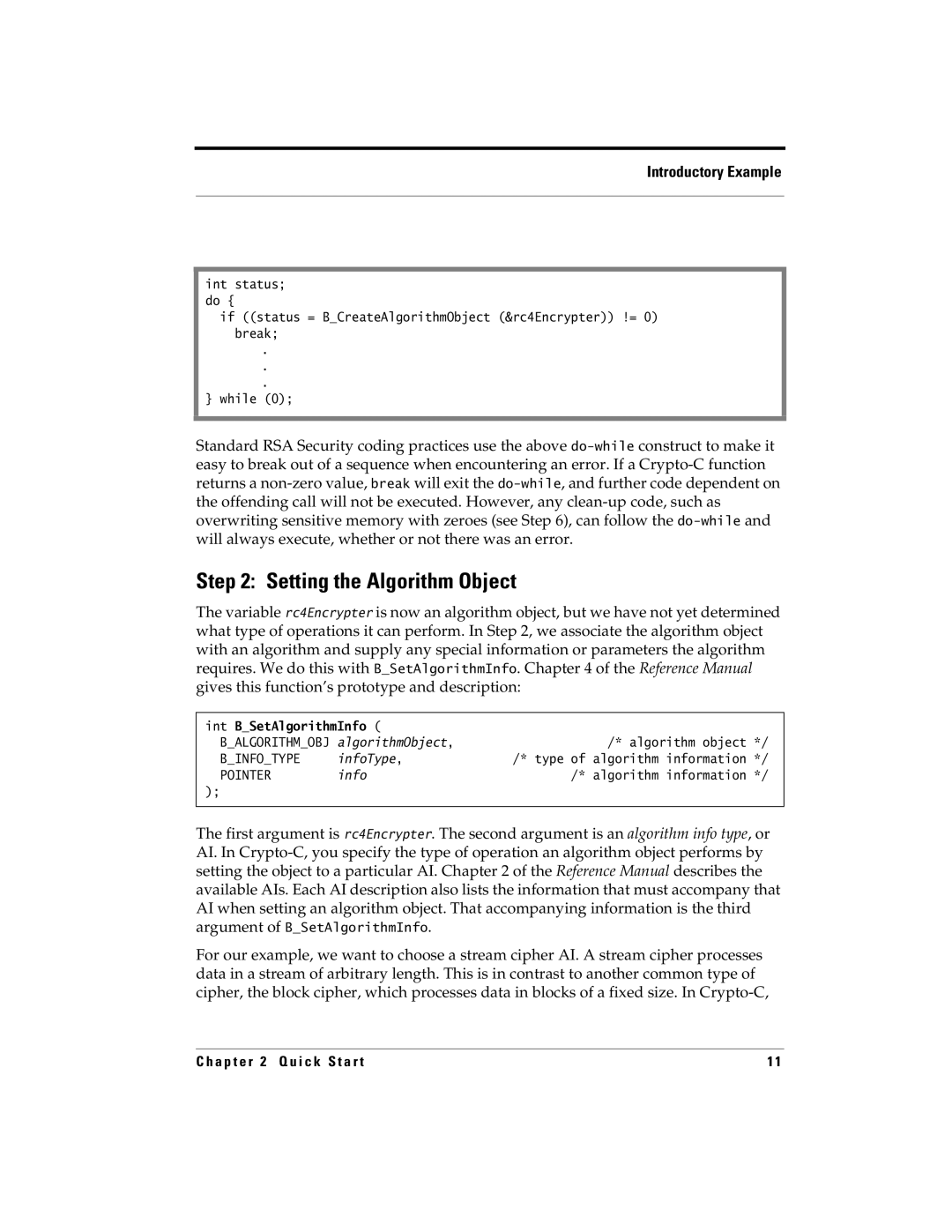 RSA Security 5.2.2 Setting the Algorithm Object, Balgorithmobj algorithmObject Algorithm object, Algorithm information 