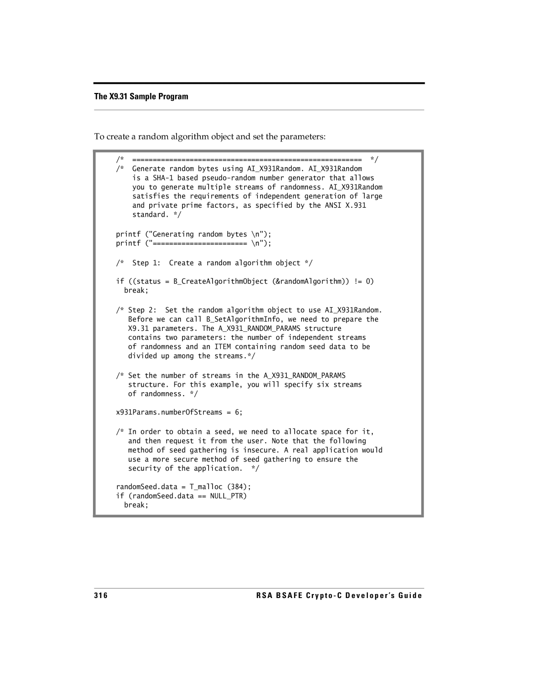 RSA Security 5.2.2 manual To create a random algorithm object and set the parameters, Break 