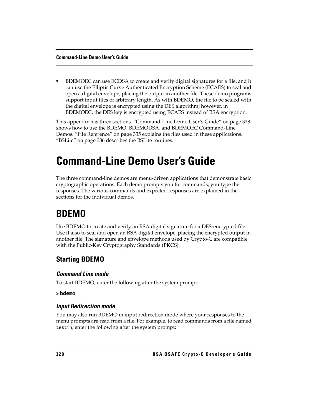 RSA Security 5.2.2 manual Command-Line Demo User’s Guide, Starting Bdemo, Command Line mode, Input Redirection mode 