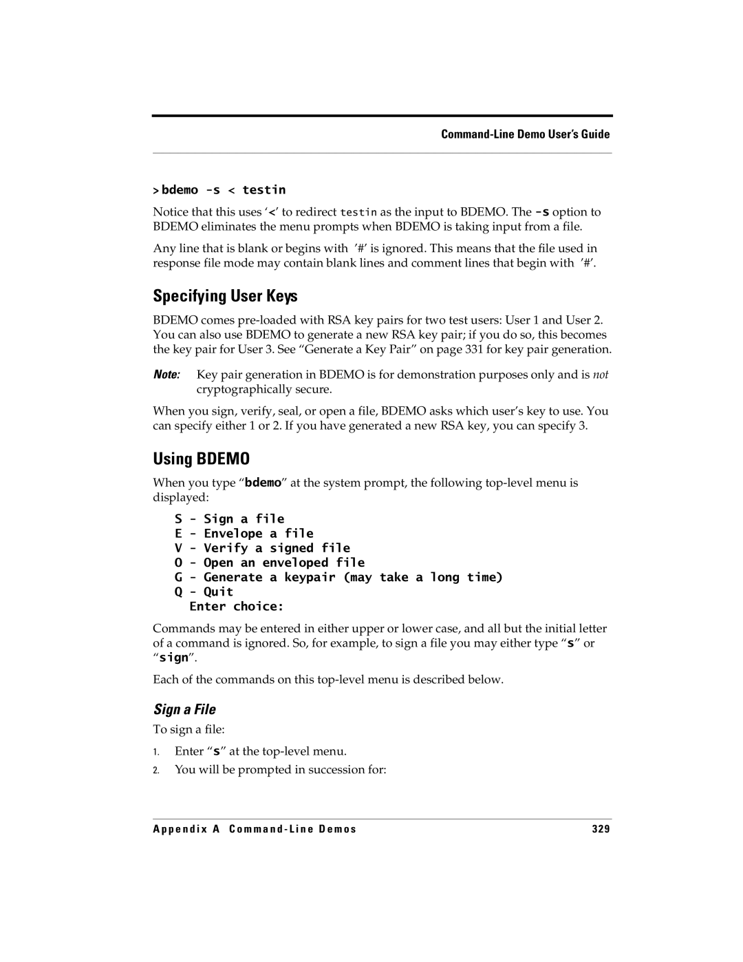 RSA Security 5.2.2 manual Specifying User Keys, Using Bdemo, Sign a File 