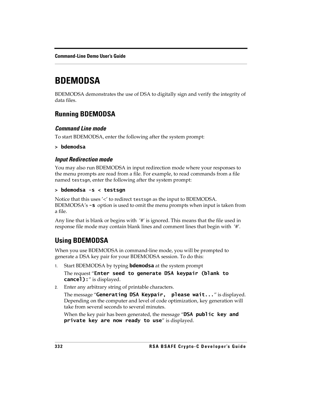 RSA Security 5.2.2 manual Running Bdemodsa, Using Bdemodsa, Enter any arbitrary string of printable characters 