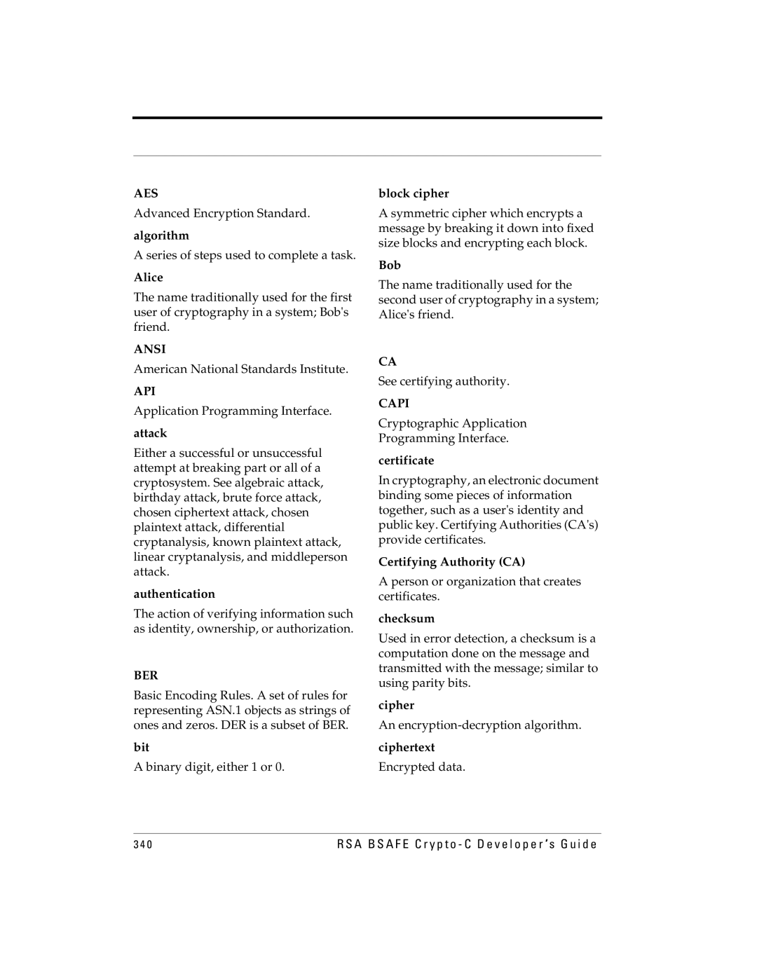 RSA Security 5.2.2 manual Advanced Encryption Standard, Series of steps used to complete a task, Binary digit, either 1 or 