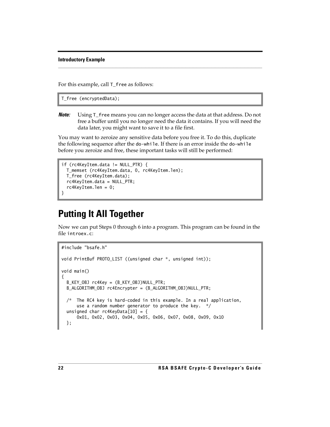 RSA Security 5.2.2 manual Putting It All Together, For this example, call Tfree as follows, Tfree encryptedData 