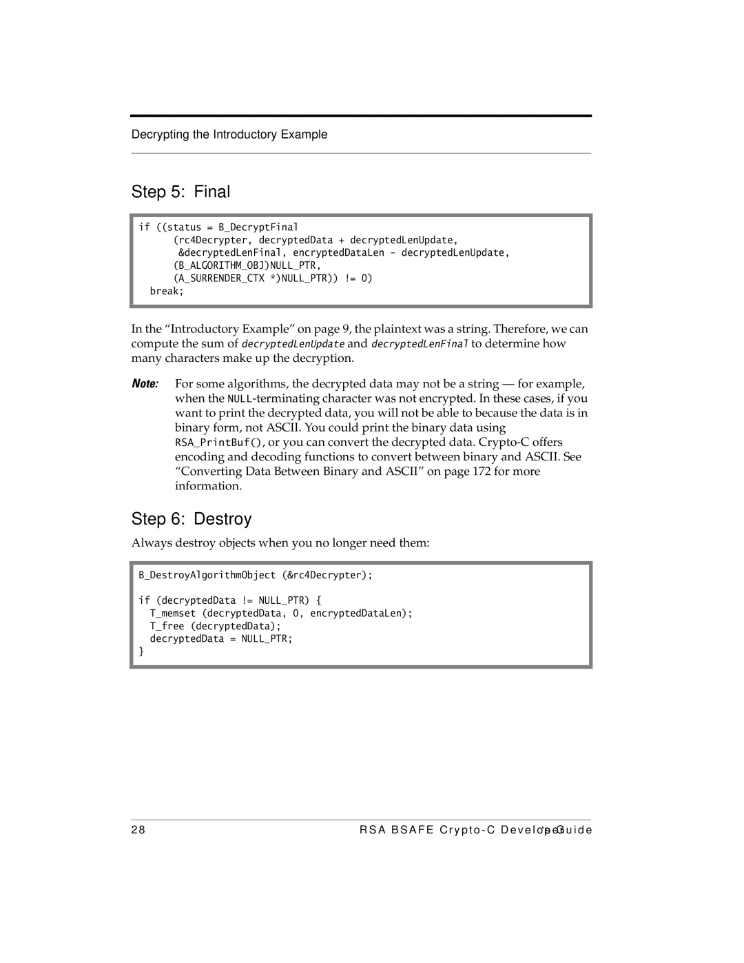 RSA Security 5.2.2 manual Always destroy objects when you no longer need them, DecryptedData = Nullptr 