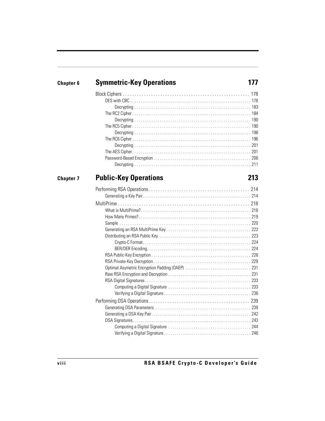 RSA Security 5.2.2 manual Symmetric-Key Operations 177, Public-Key Operations 213 