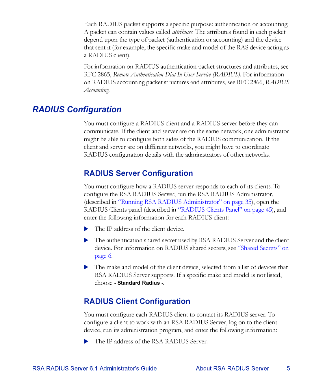 RSA Security 6.1 manual Radius Configuration, Radius Server Configuration, Radius Client Configuration 