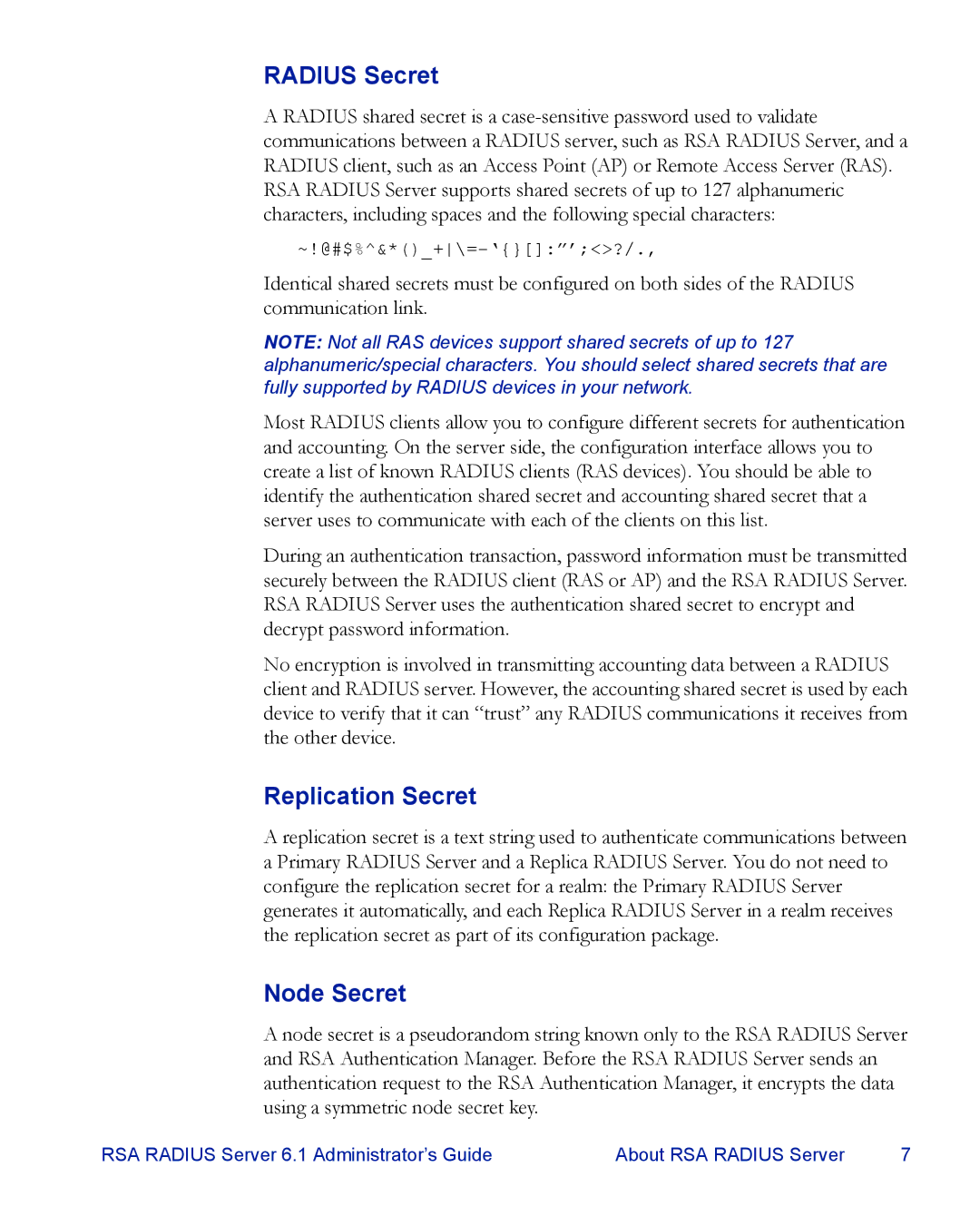 RSA Security 6.1 manual Radius Secret, Replication Secret, Node Secret 