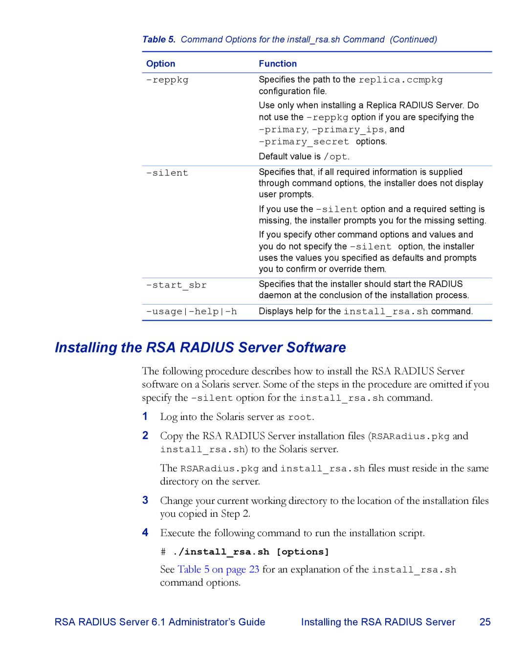 RSA Security 6.1 manual Installing the RSA Radius Server Software, Reppkg 