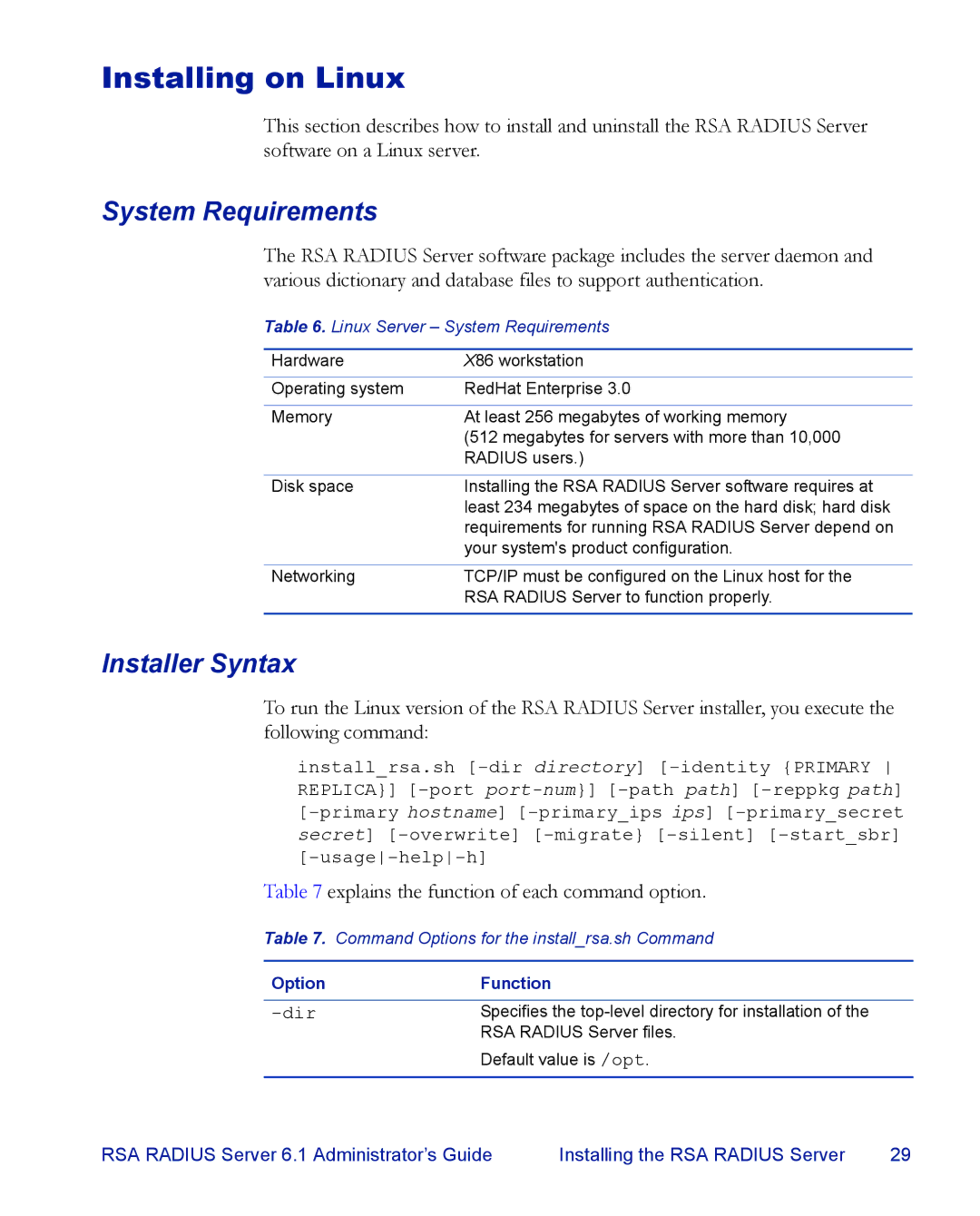 RSA Security 6.1 manual Installing on Linux, Linux Server System Requirements 