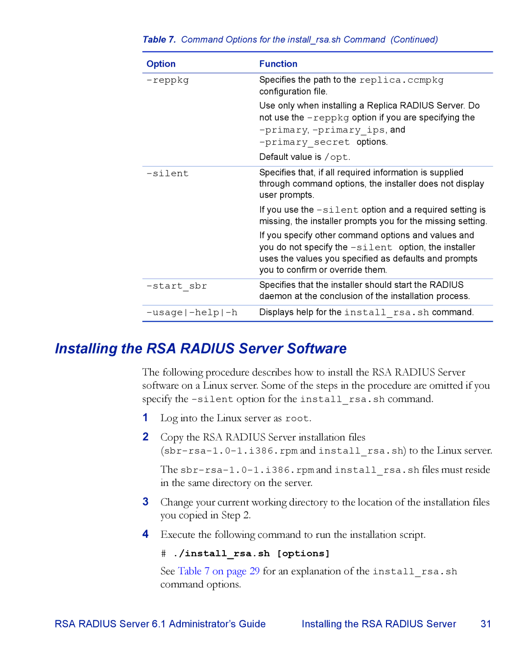 RSA Security 6.1 manual Installing the RSA Radius Server Software 