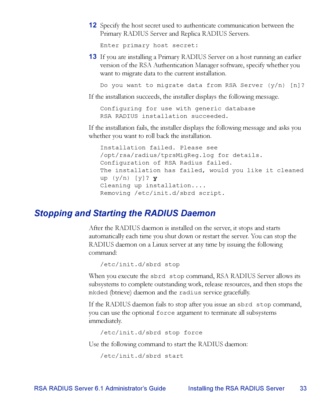 RSA Security 6.1 manual Etc/init.d/sbrd stop 