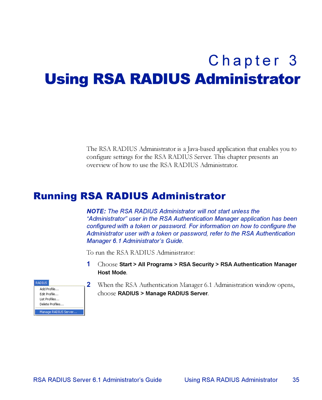 RSA Security 6.1 manual Using RSA Radius Administrator, Running RSA Radius Administrator 