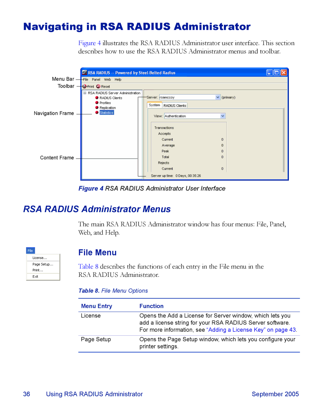 RSA Security 6.1 manual Navigating in RSA Radius Administrator, RSA Radius Administrator Menus, File Menu 