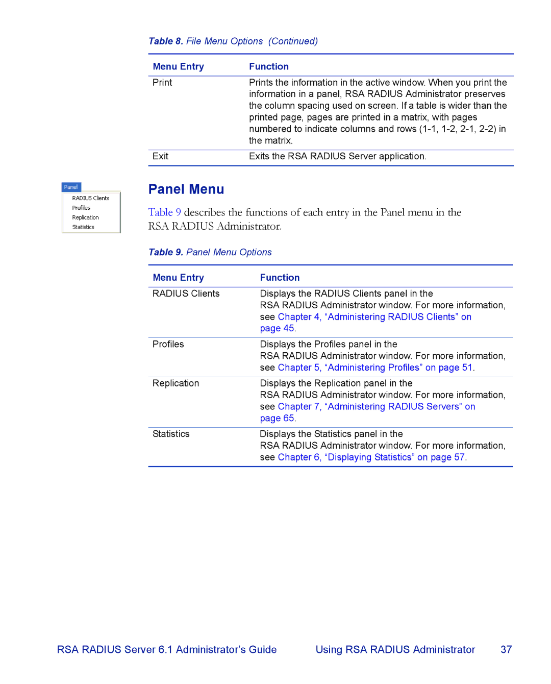 RSA Security 6.1 manual Panel Menu, See , Administering Radius Clients on 