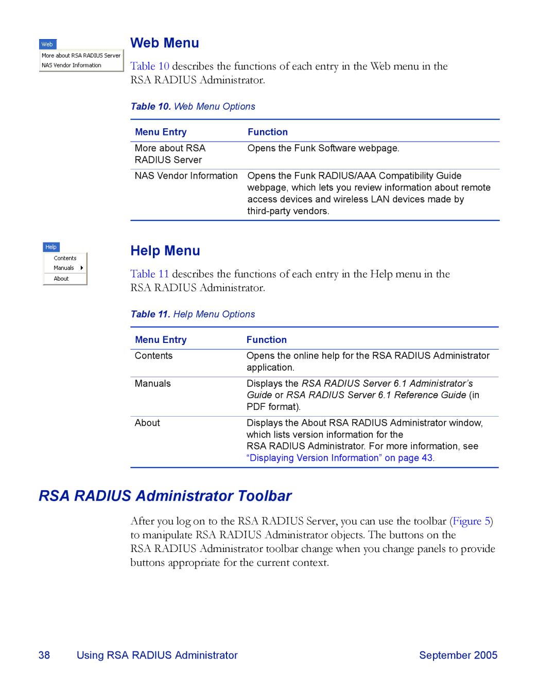 RSA Security 6.1 manual RSA Radius Administrator Toolbar, Web Menu, Help Menu 