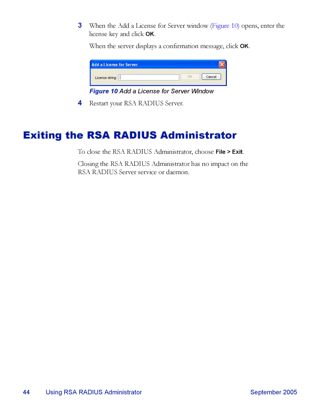 RSA Security 6.1 manual Exiting the RSA Radius Administrator, Add a License for Server Window 