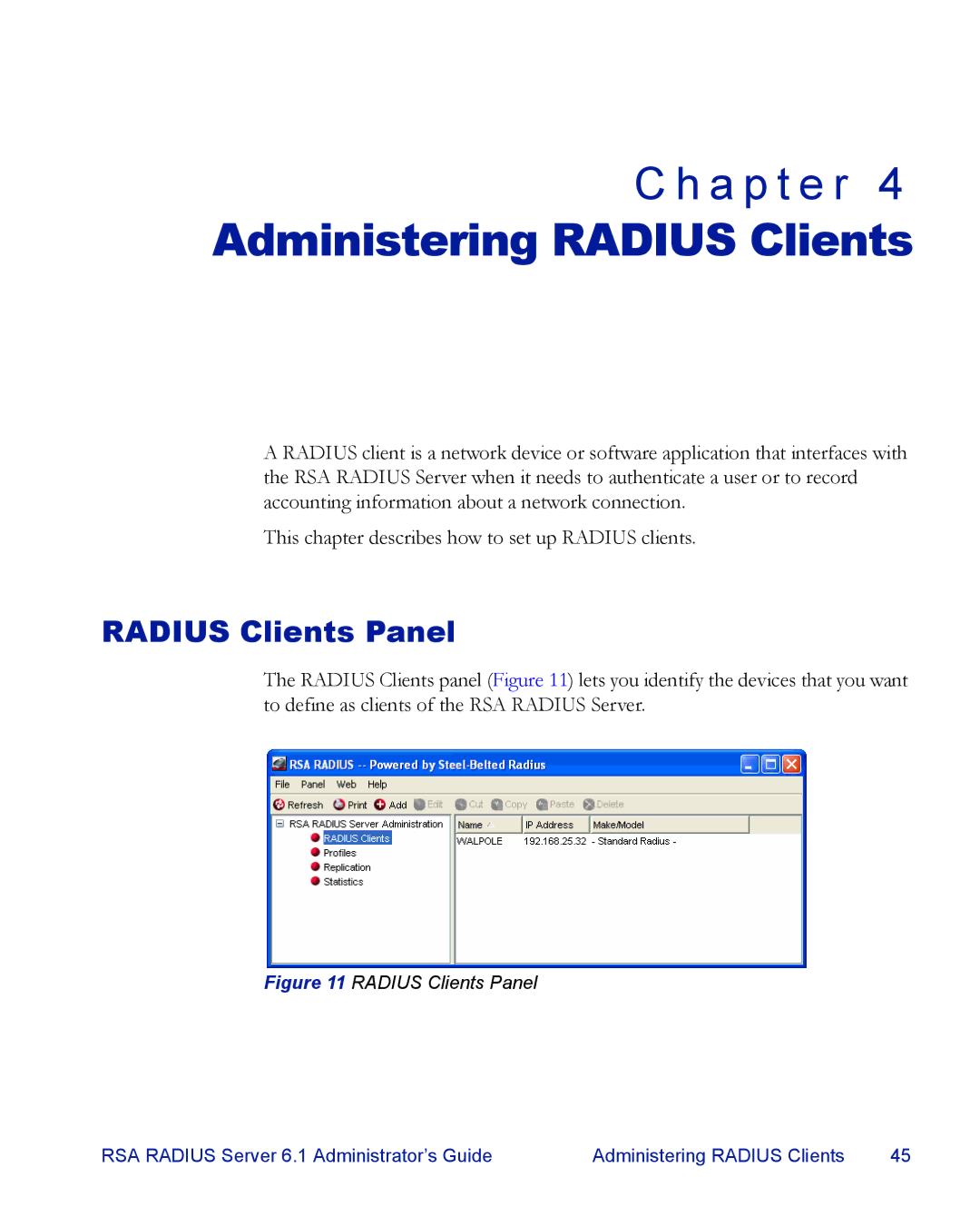 RSA Security 6.1 manual Administering Radius Clients, Radius Clients Panel 