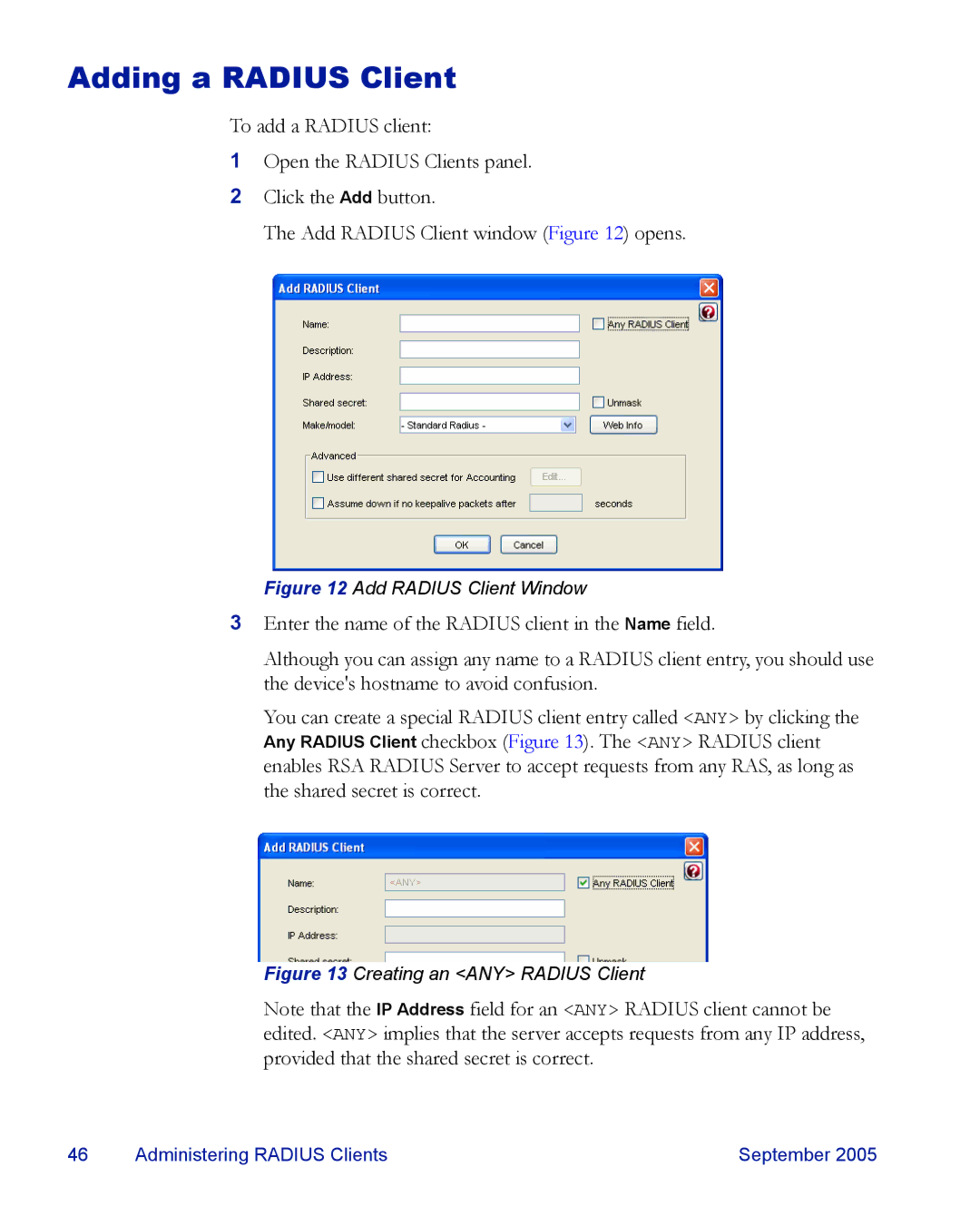 RSA Security 6.1 manual Adding a Radius Client, Add Radius Client Window 