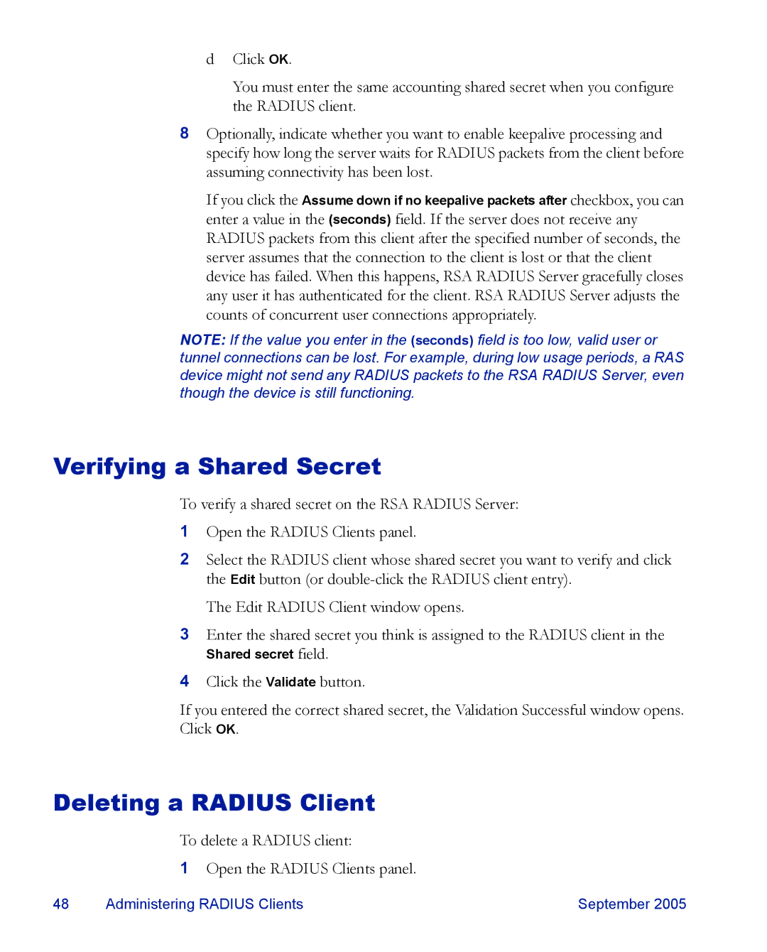 RSA Security 6.1 manual Verifying a Shared Secret, Deleting a Radius Client 