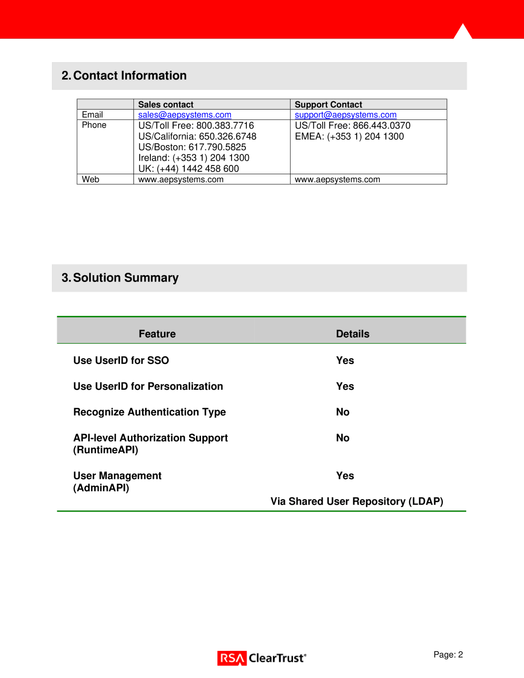 RSA Security AG-600 V3.0.2 manual Contact Information, Solution Summary 