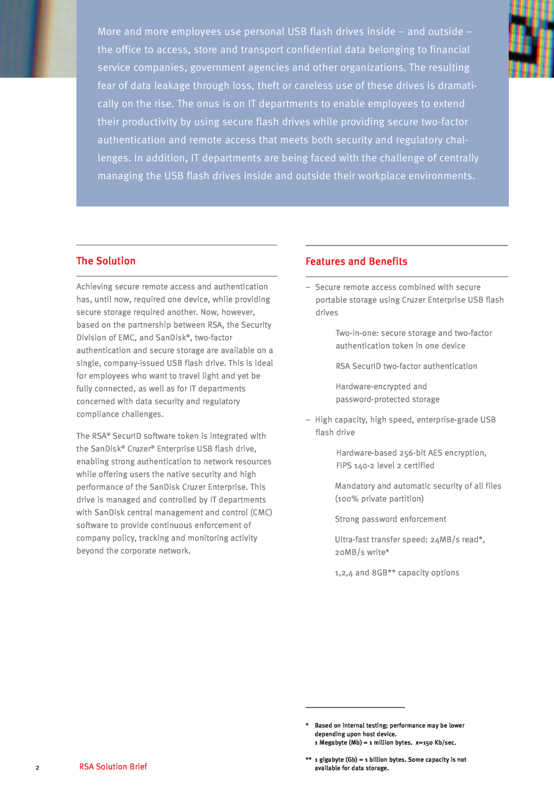 RSA Security Cruzer manual RSA Solution Brief, The Solution, Features and Benefits 