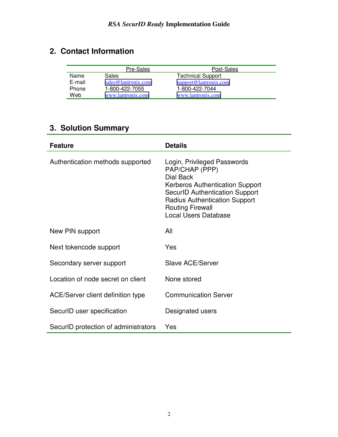 RSA Security LRS16, LRS32F, LRS2 manual Contact Information, Solution Summary 