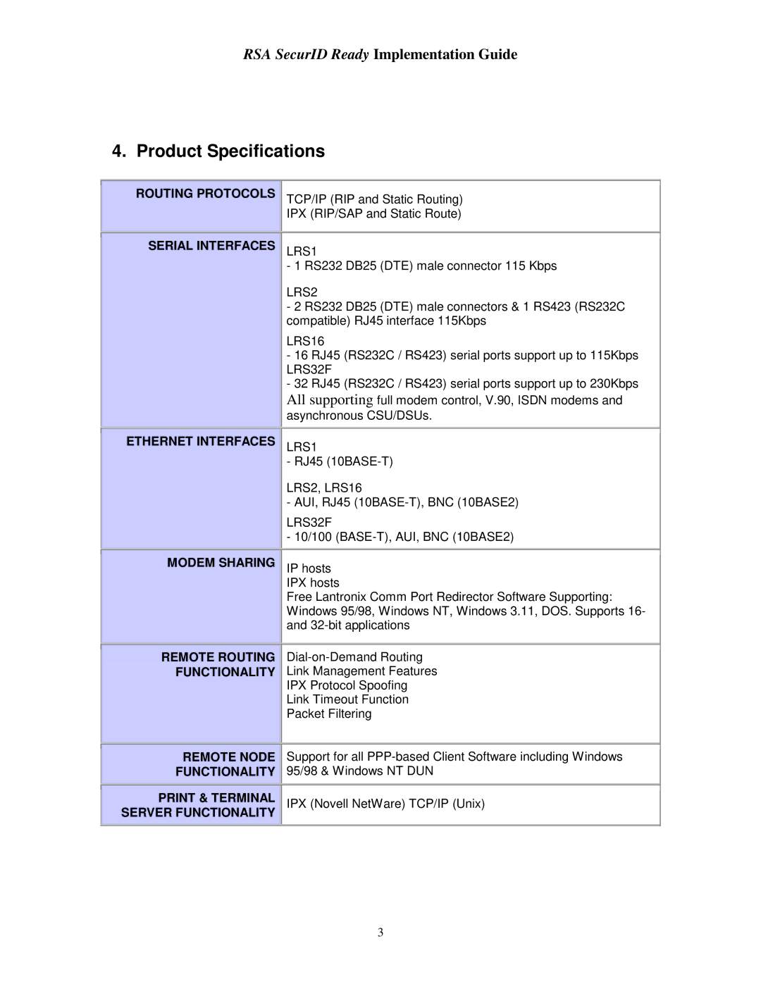 RSA Security LRS2, LRS32F, LRS16 manual Product Specifications 