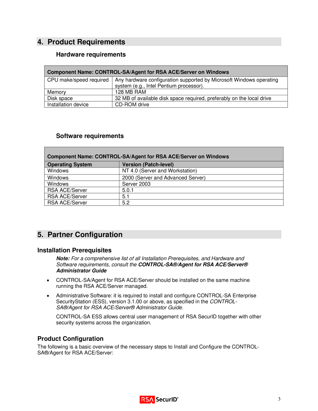 RSA Security Version 3.x manual Product Requirements, Partner Configuration 