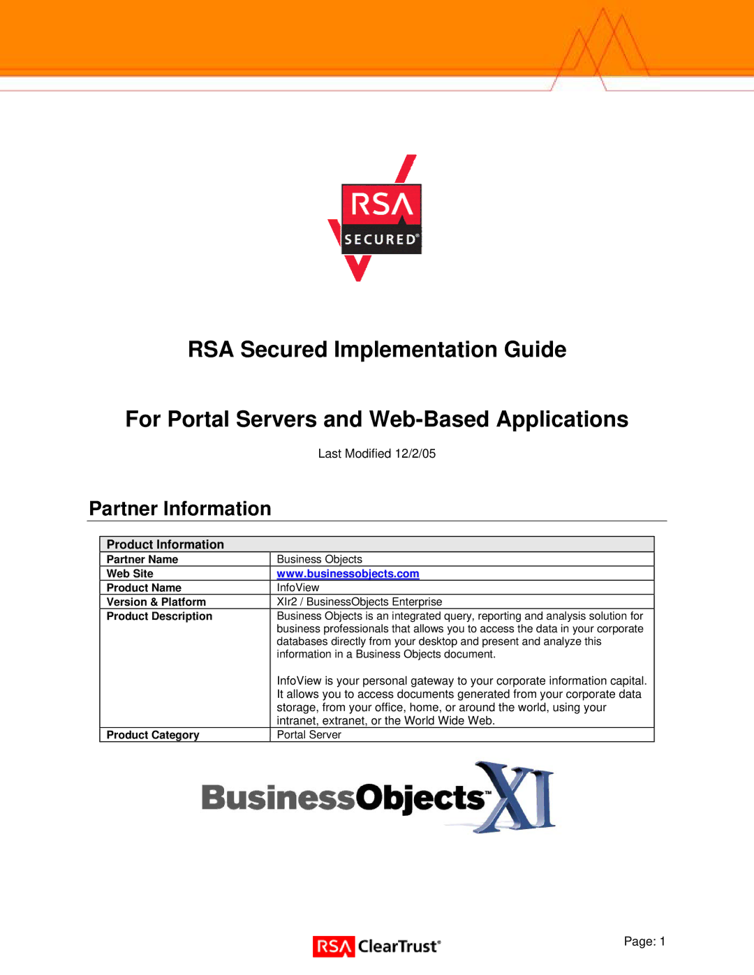 RSA Security Xlr2 manual Partner Information, Product Information 