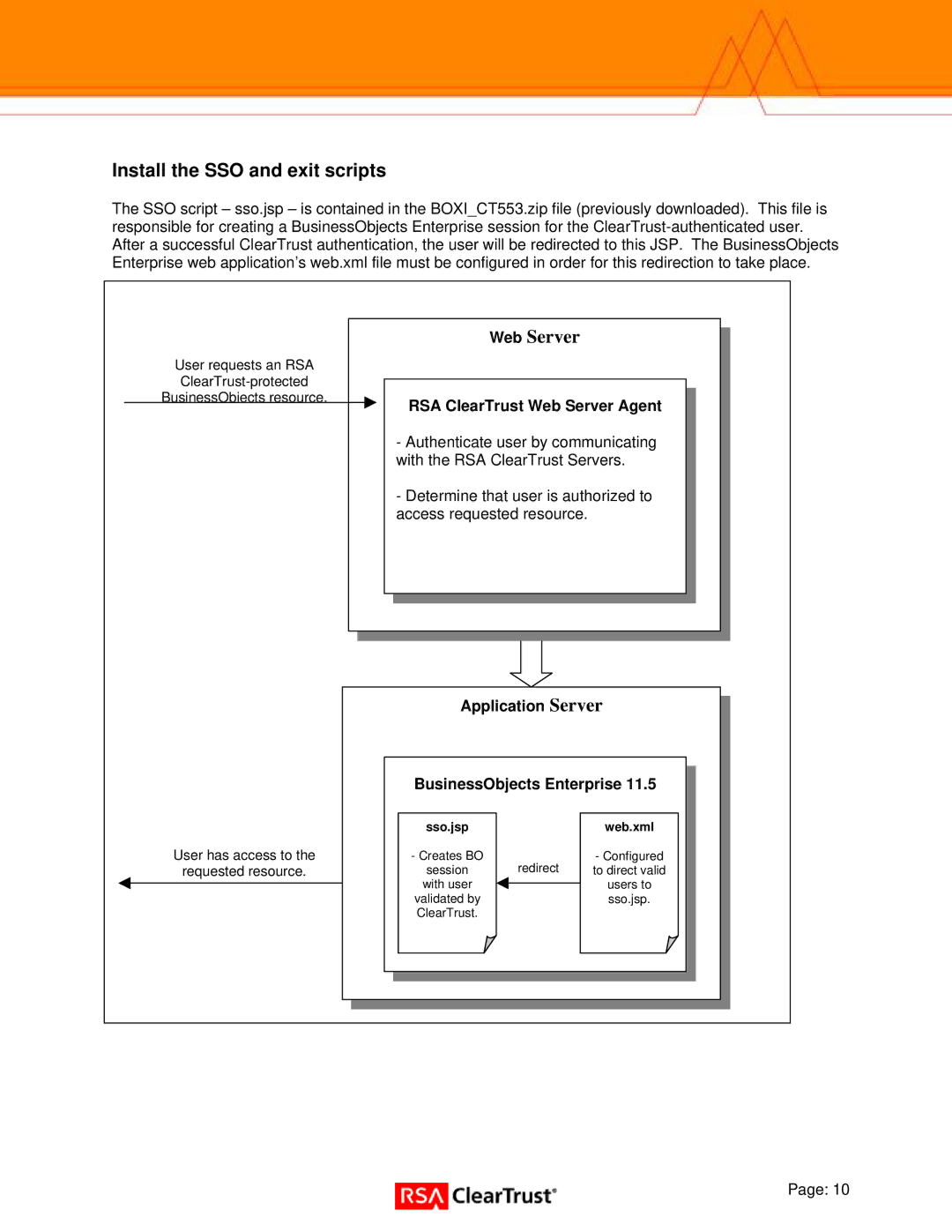 RSA Security Xlr2 manual Install the SSO and exit scripts, RSA ClearTrust Web Server Agent, Application Server 