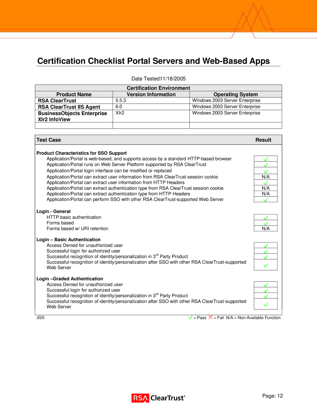 RSA Security Xlr2 manual Certification Checklist Portal Servers and Web-Based Apps, RSA ClearTrust IIS Agent 