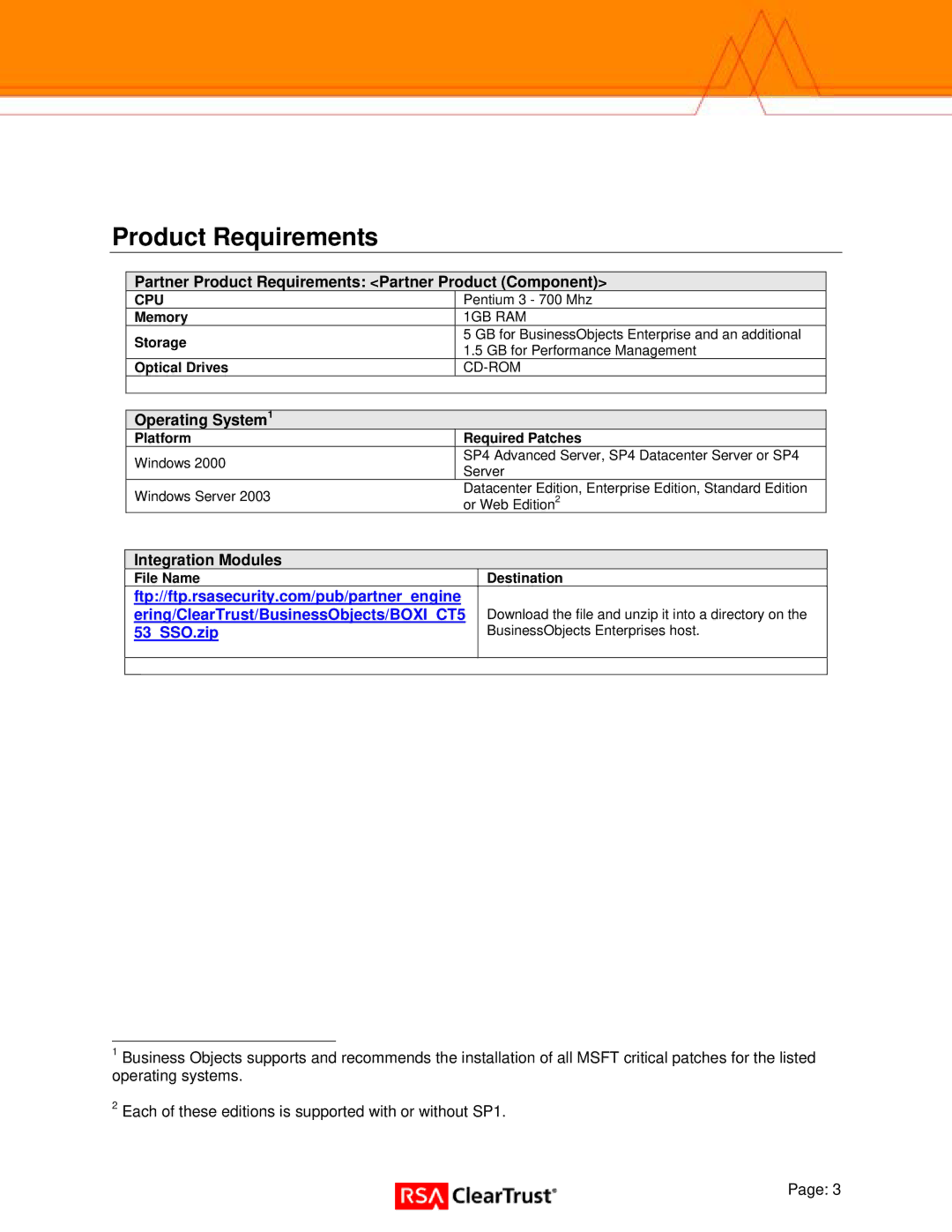 RSA Security Xlr2 manual Partner Product Requirements Partner Product Component, Operating System1, Integration Modules 