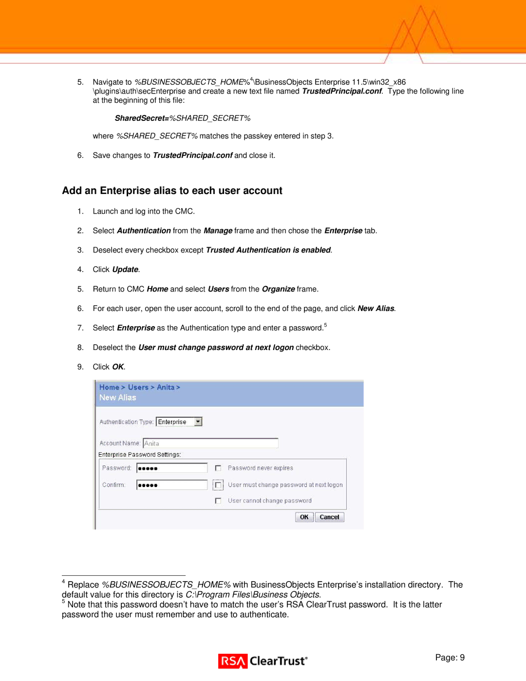 RSA Security Xlr2 manual Add an Enterprise alias to each user account, SharedSecret=%SHAREDSECRET% 