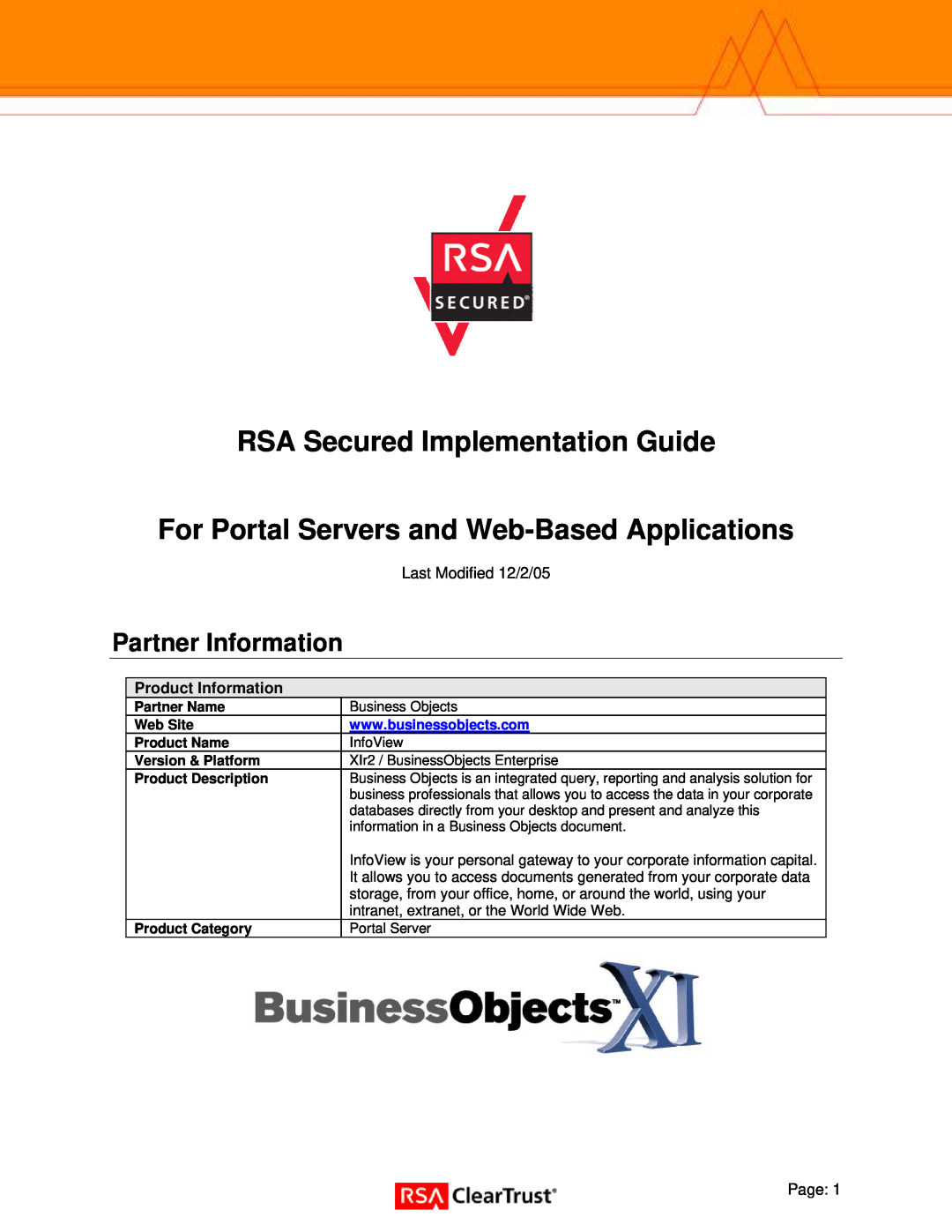 RSA Security Xlr2 manual Partner Information, RSA Secured Implementation Guide 