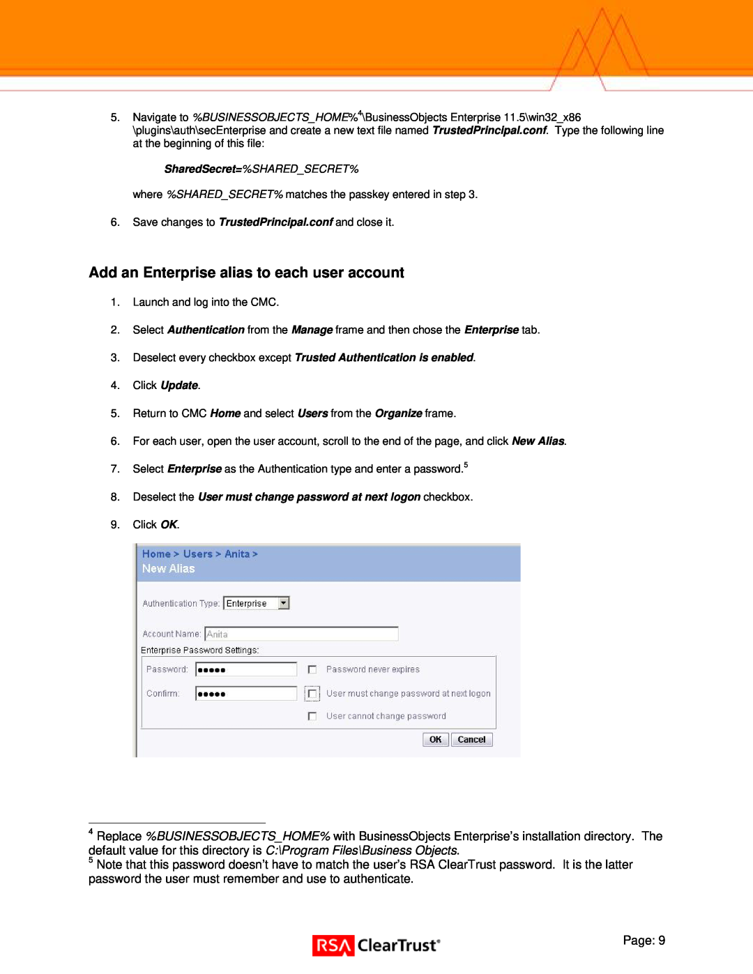 RSA Security Xlr2 manual Add an Enterprise alias to each user account 
