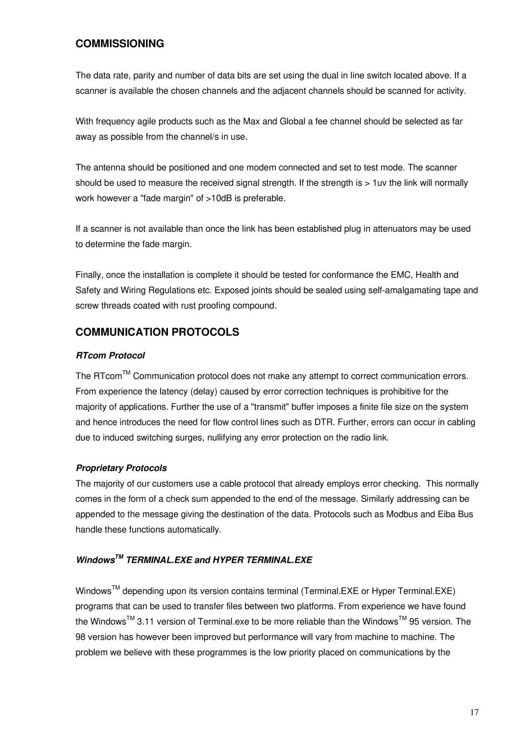 RTcom Radio Modems user manual Commissioning, Communication Protocols, RTcom Protocol, Proprietary Protocols 