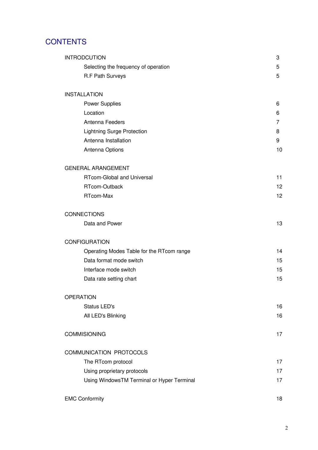 RTcom Radio Modems user manual Contents 