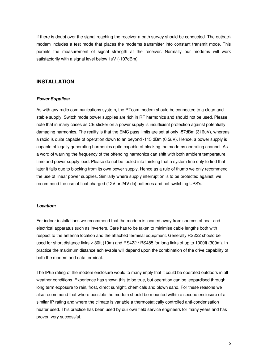 RTcom Radio Modems user manual Installation, Power Supplies, Location 