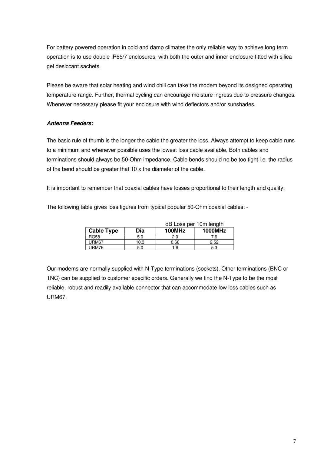 RTcom Radio Modems user manual Antenna Feeders, Cable Type Dia 100MHz 1000MHz 