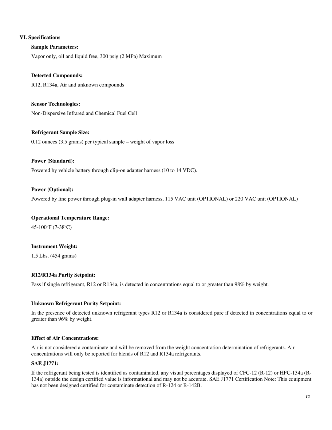 RTI ID900 manual VI. Specifications Sample Parameters, Detected Compounds, Sensor Technologies, Refrigerant Sample Size 