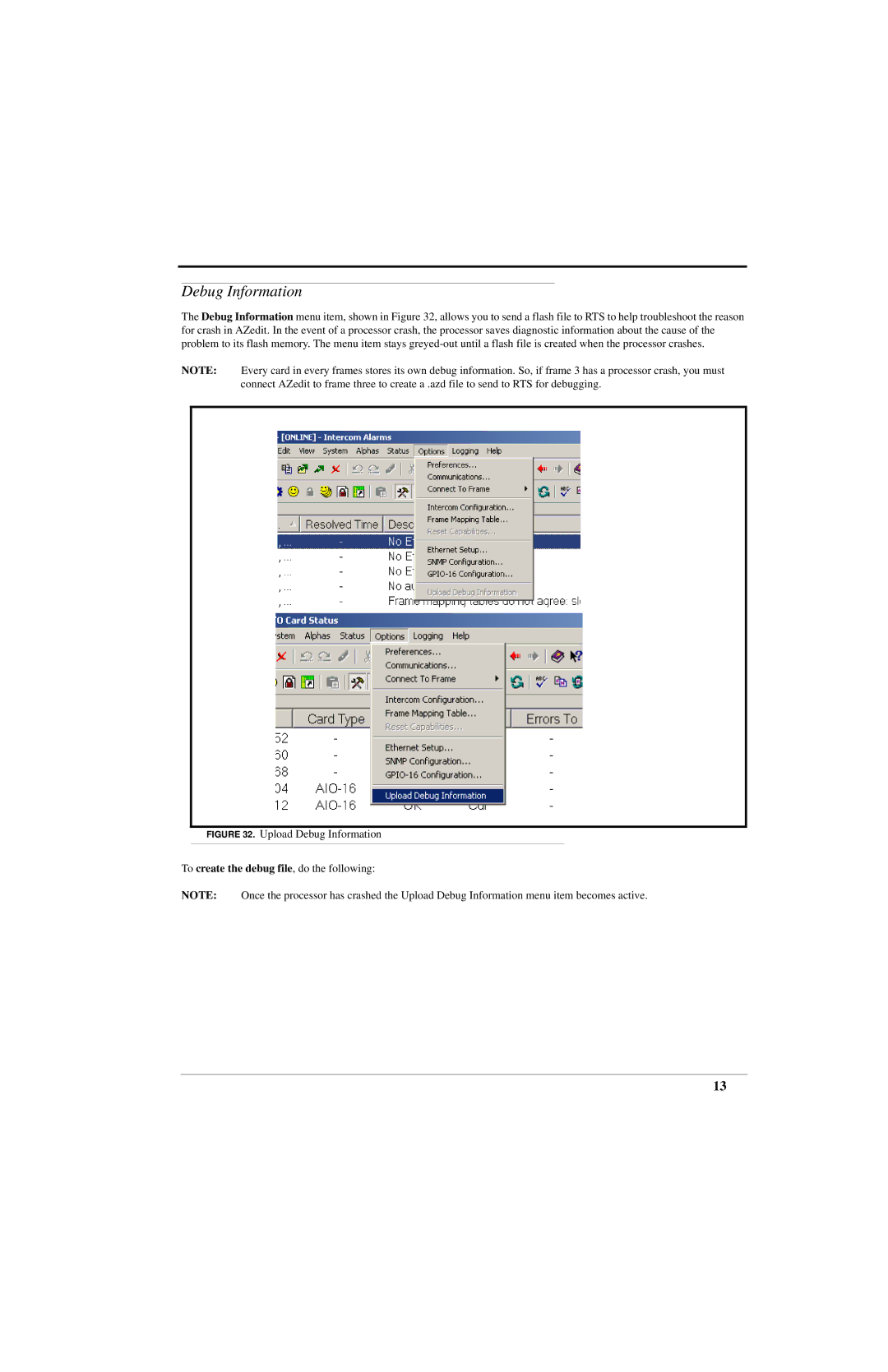 RTS ADAM manual Debug Information 