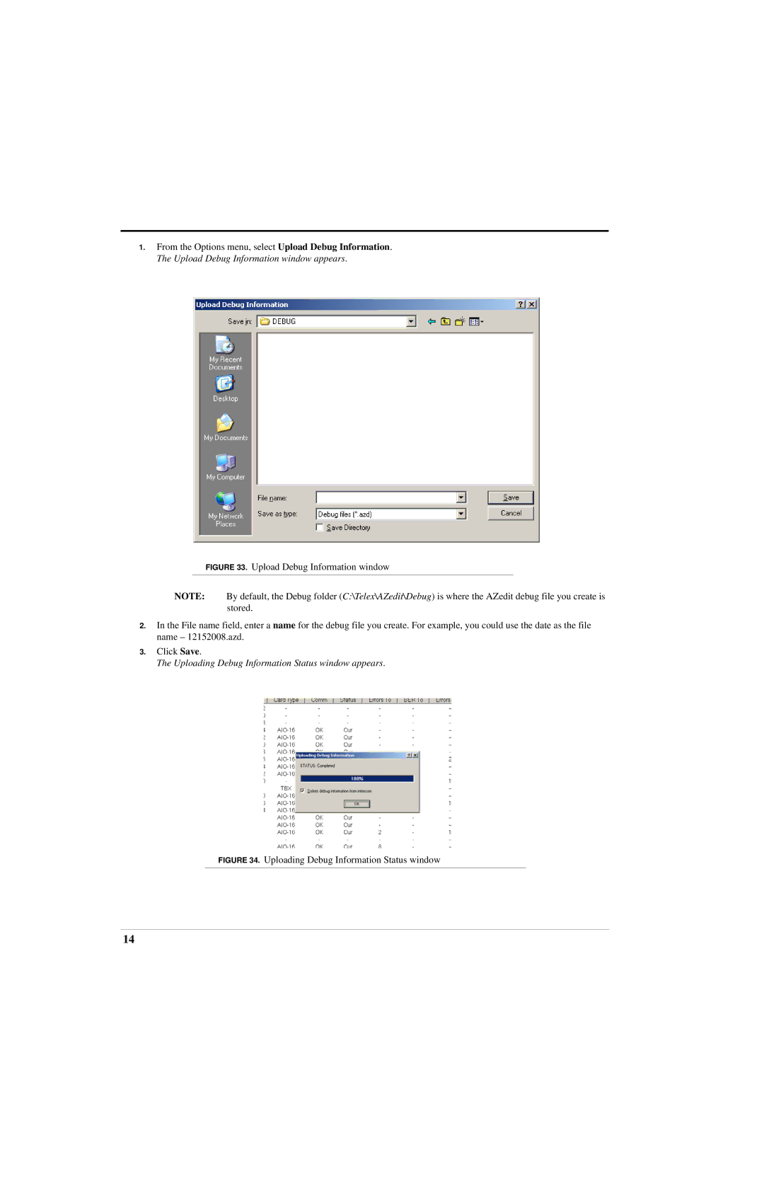 RTS ADAM manual Uploading Debug Information Status window appears 