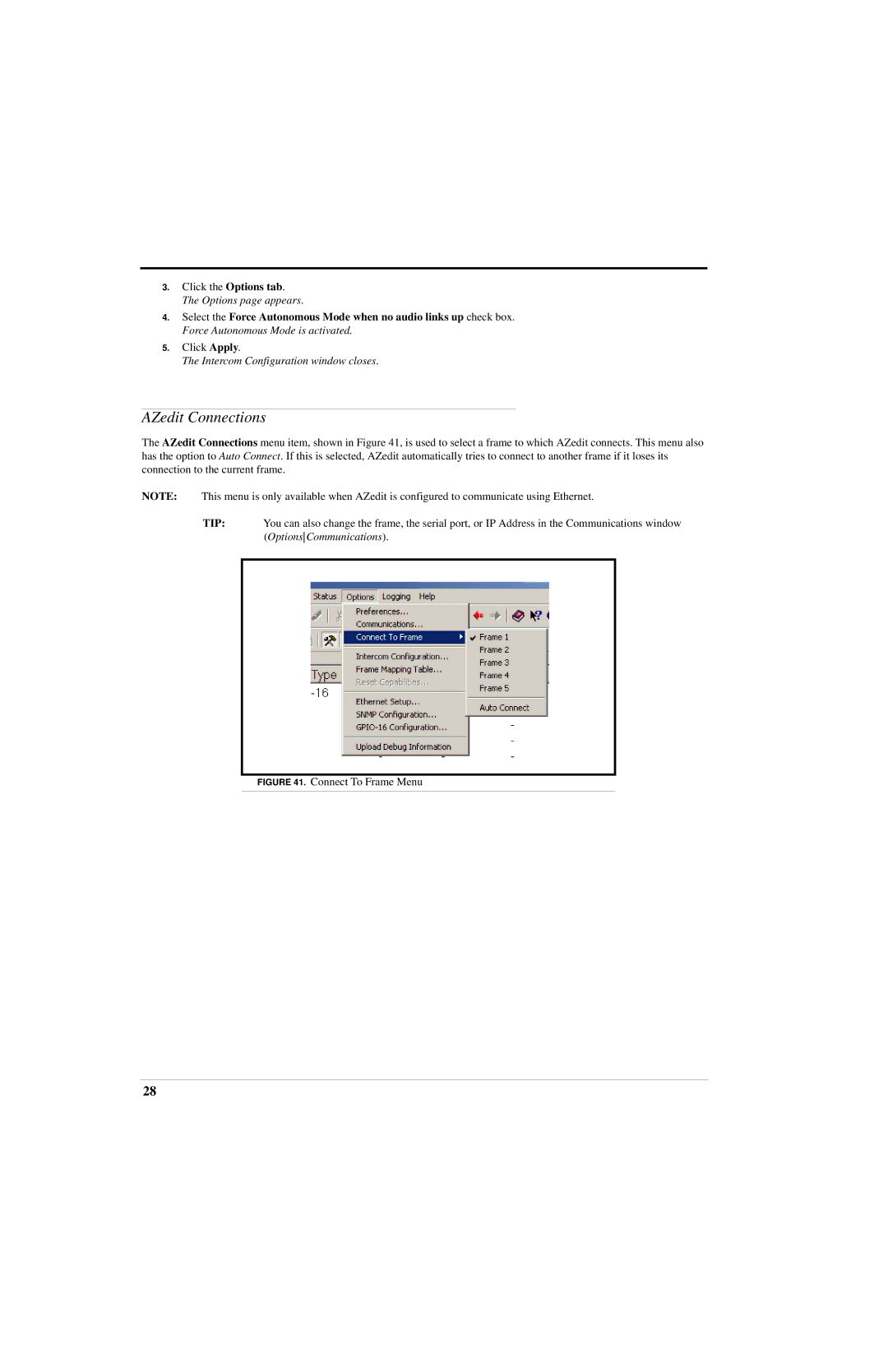 RTS ADAM manual AZedit Connections, Connect To Frame Menu 