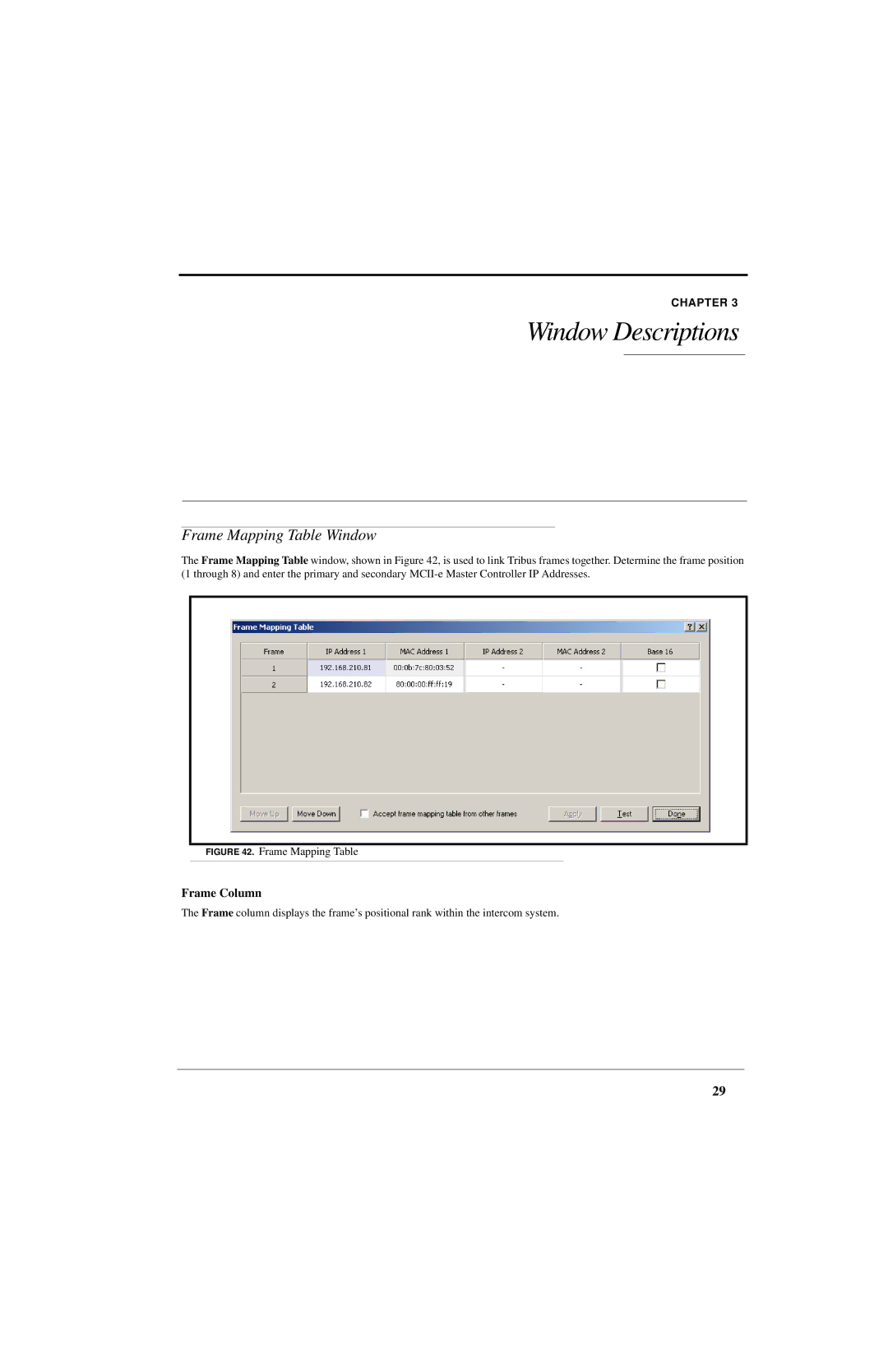 RTS ADAM manual Frame Mapping Table Window, Frame Column 