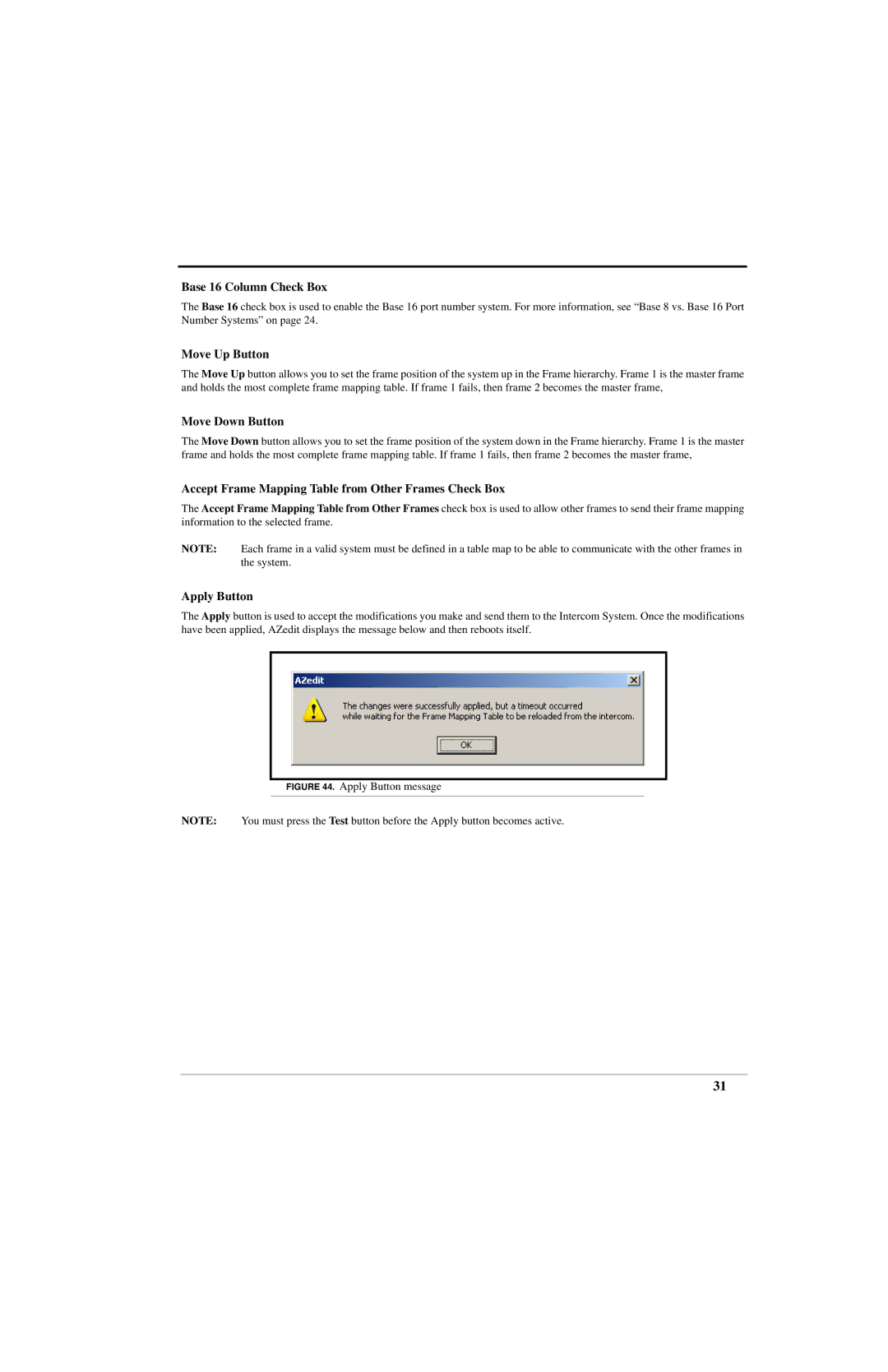 RTS ADAM manual Base 16 Column Check Box, Move Up Button, Move Down Button, Apply Button 