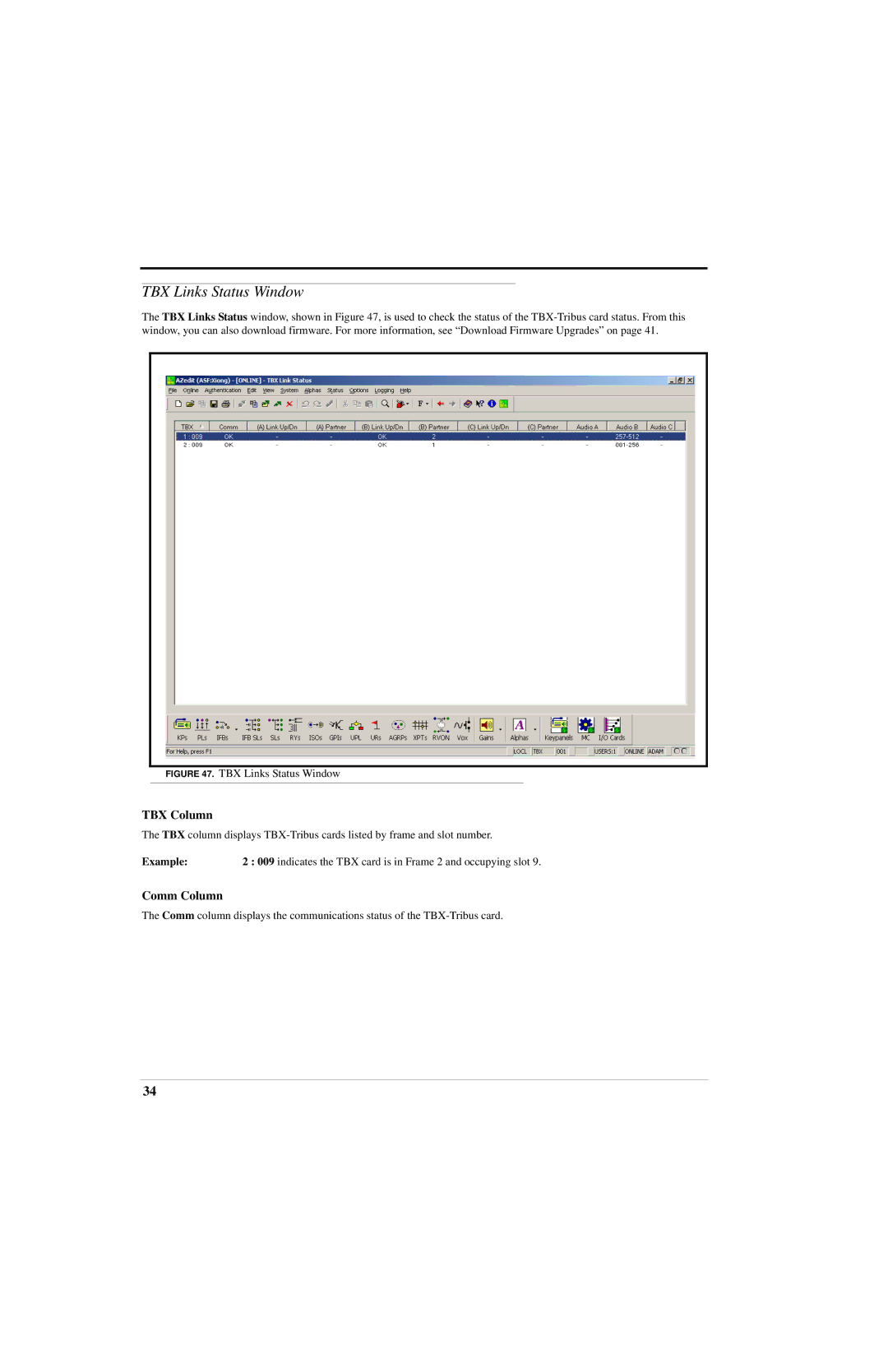 RTS ADAM manual TBX Links Status Window, TBX Column, Comm Column 