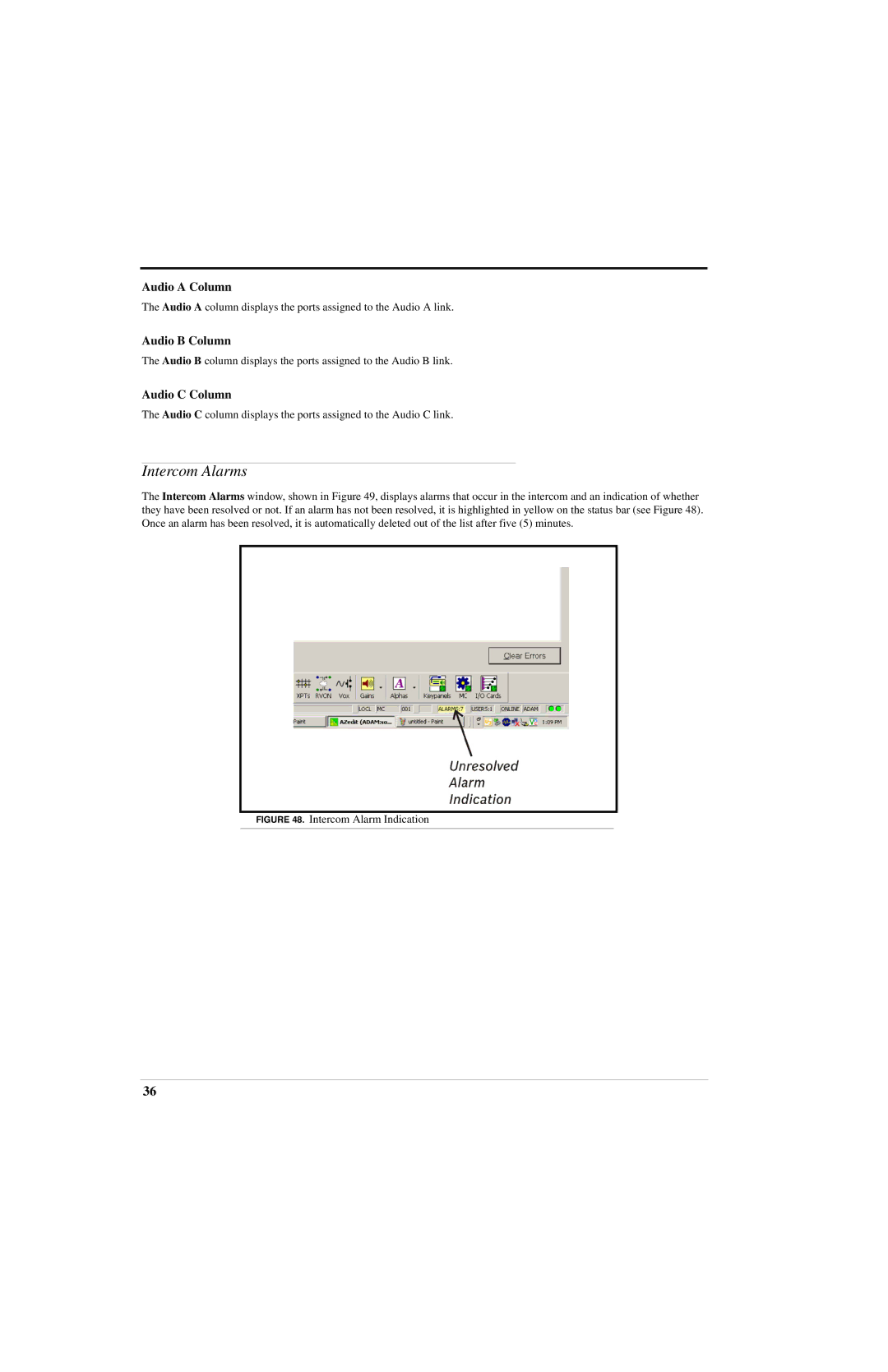 RTS ADAM manual Intercom Alarms, Audio a Column, Audio B Column, Audio C Column 