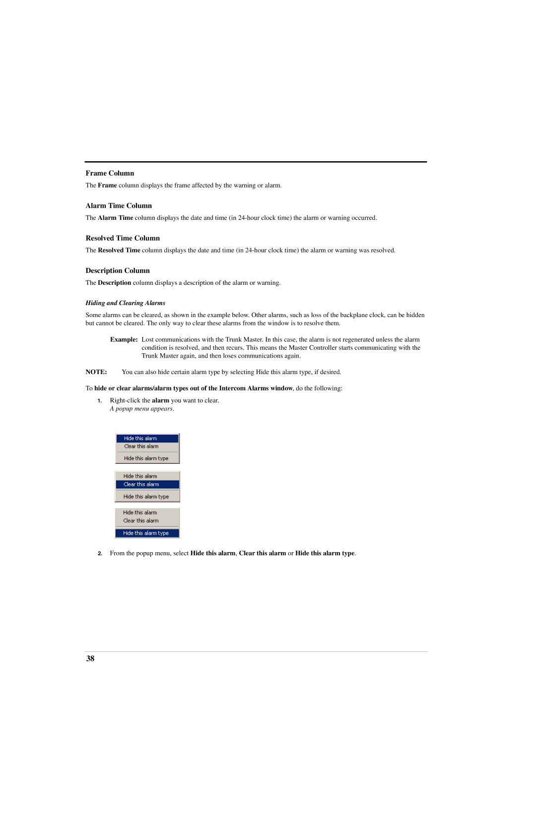 RTS ADAM manual Alarm Time Column, Resolved Time Column, Description Column 