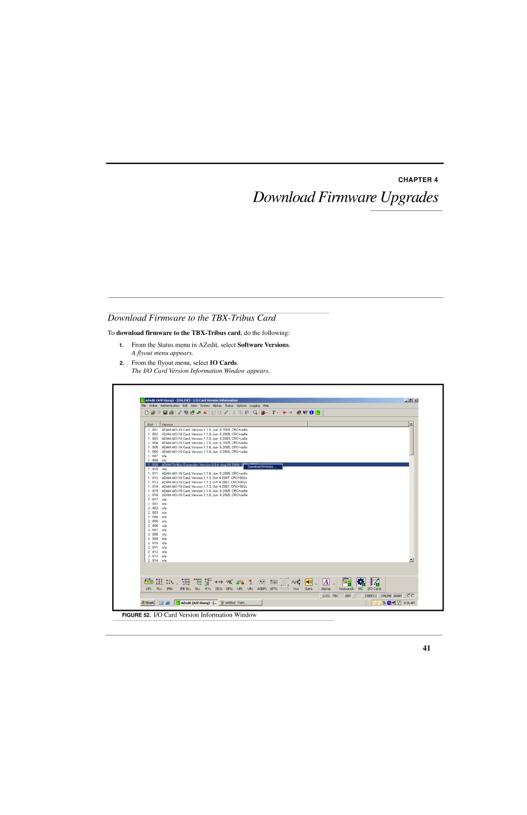 RTS ADAM manual Download Firmware Upgrades, Download Firmware to the TBX-Tribus Card 